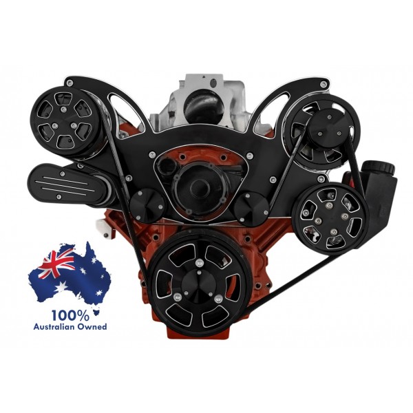 GM HOLDEN CHEVY LS 1,2,3 AND 6 ENGINE SERPENTINE KIT - AC AIR COMPRESSOR, ALTERNATOR & POWER STEERING PULLEY AND BRACKETS BLACK DIAMOND FINISH SUIT ELECTRIC WATER PUMP MID MOUNT